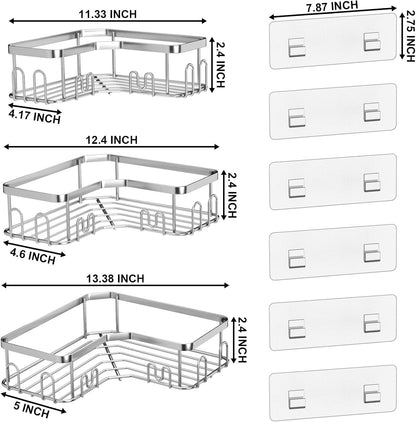 3 Pack Corner Shower Caddy/Shelf with 18 Hooks, Stainless Steel Adhesive Shower Organizer for Bathroom Storage (Silver)