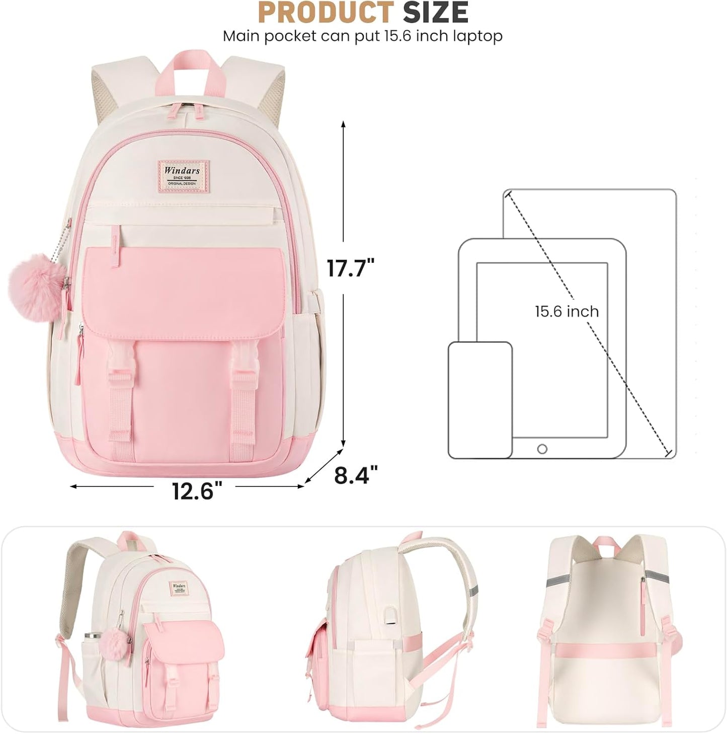 WINDARS School Backpack for Teen Girls, Cute College Backpacks for Women Students Aesthetic Bookbag Large 15.6 Inch Laptop Bag Middle School Travel Back Pack (Khaki Beige)