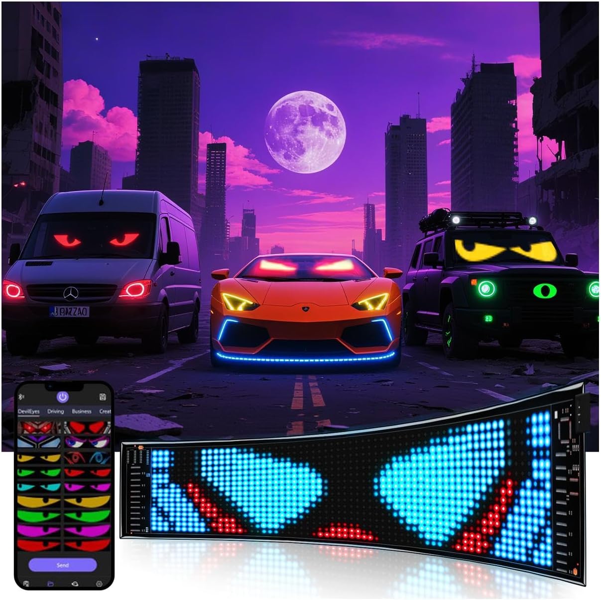 XAXVSTS Multifunctional Bright 2PCS Eyes Car Motorcycle/Golf Cart Windshield - 15in x 4in [ 2025 Tech Two Screen Synchronization Chips ] Flexible Programmable LED Eyes for Car