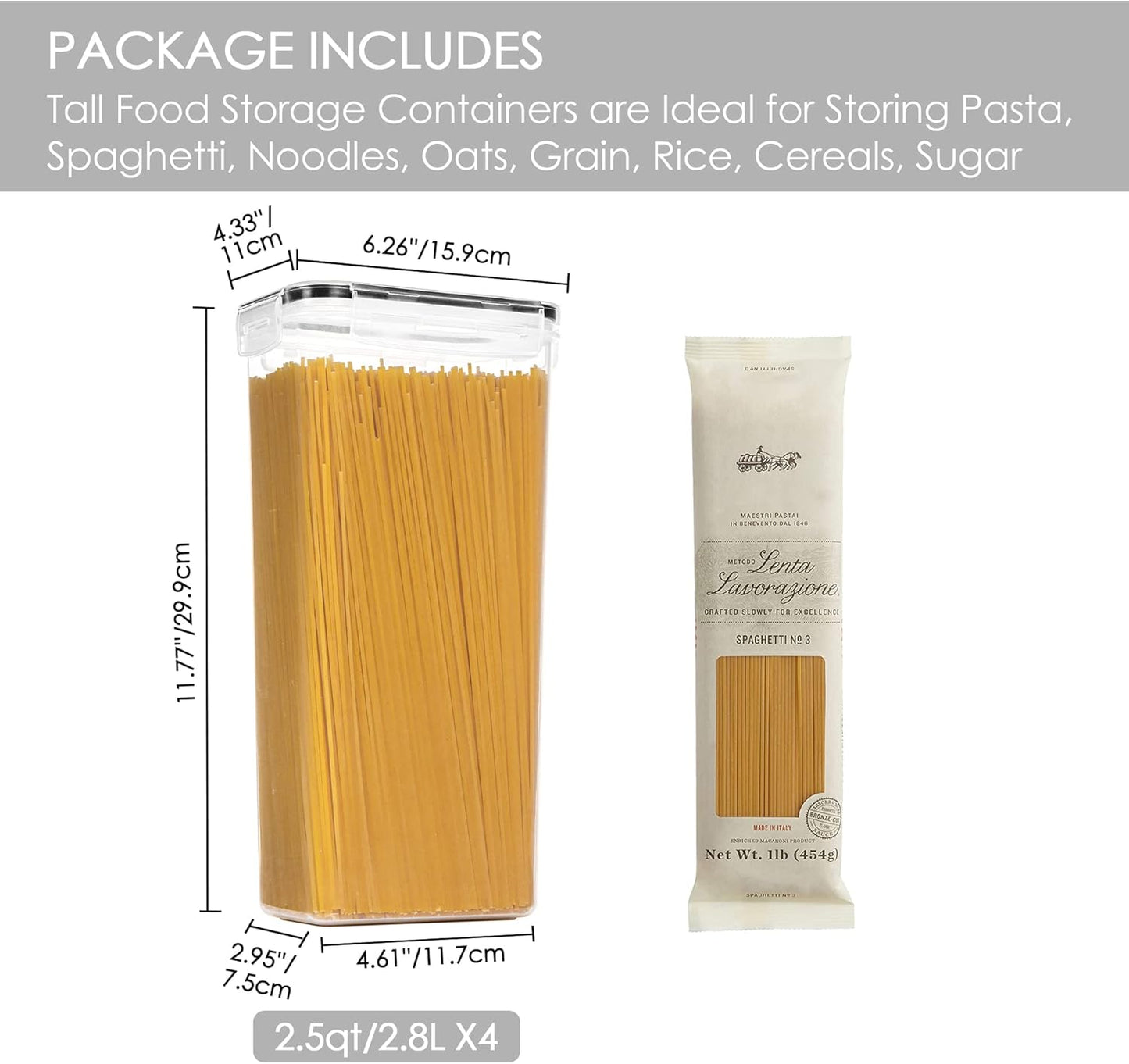 Vtopmart Extra Large Tall Airtight Food Storage Containers, 4 Pieces 6.5L Plastic Kitchen Pantry Storage Containers for Spaghetti, Flour and Baking Supplies - Include 24 Labels, Black