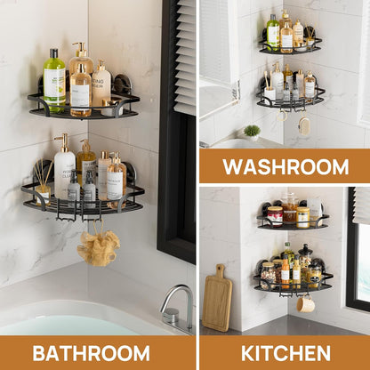 LEVERLOC Shower Caddy Suction Cup, 2 Pack Black Shower Shelf with Hooks and Soap Holder, NO-Drilling Bathroom Organizer, Rustproof Metal Bathroom Storage and Organization