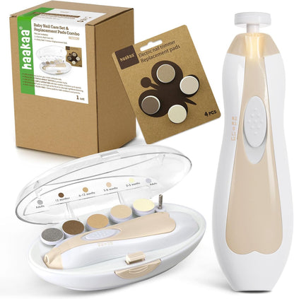 haakaa Baby Nail Trimmer Electric Baby Nail Clippers Kit for Newborn, Toddler or Adults Fingernails and Toenails Care, Baby Nail Care Set & Extra 4 Replacement Pads Combo - Acorn