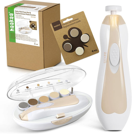 haakaa Baby Nail Trimmer Electric Baby Nail Clippers Kit for Newborn, Toddler or Adults Fingernails and Toenails Care, Baby Nail Care Set & Extra 4 Replacement Pads Combo - Acorn - PuriLite