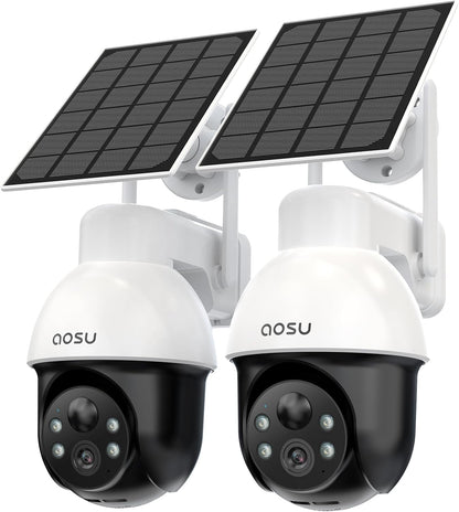 AOSU 3K/5MP Solar Security Cameras Wireless Outdoor, WiFi Camera Surveillance Exterieur for Home Security, Panoramic PTZ, Auto Tracking, Human/Vehicle Detection, Night Vision (2 Pack)