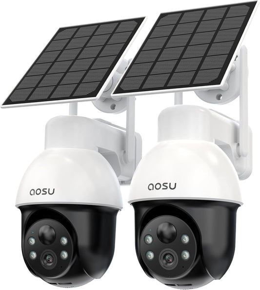 AOSU 3K/5MP Solar Security Cameras Wireless Outdoor, WiFi Camera Surveillance Exterieur for Home Security, Panoramic PTZ, Auto Tracking, Human/Vehicle Detection, Night Vision (2 Pack)