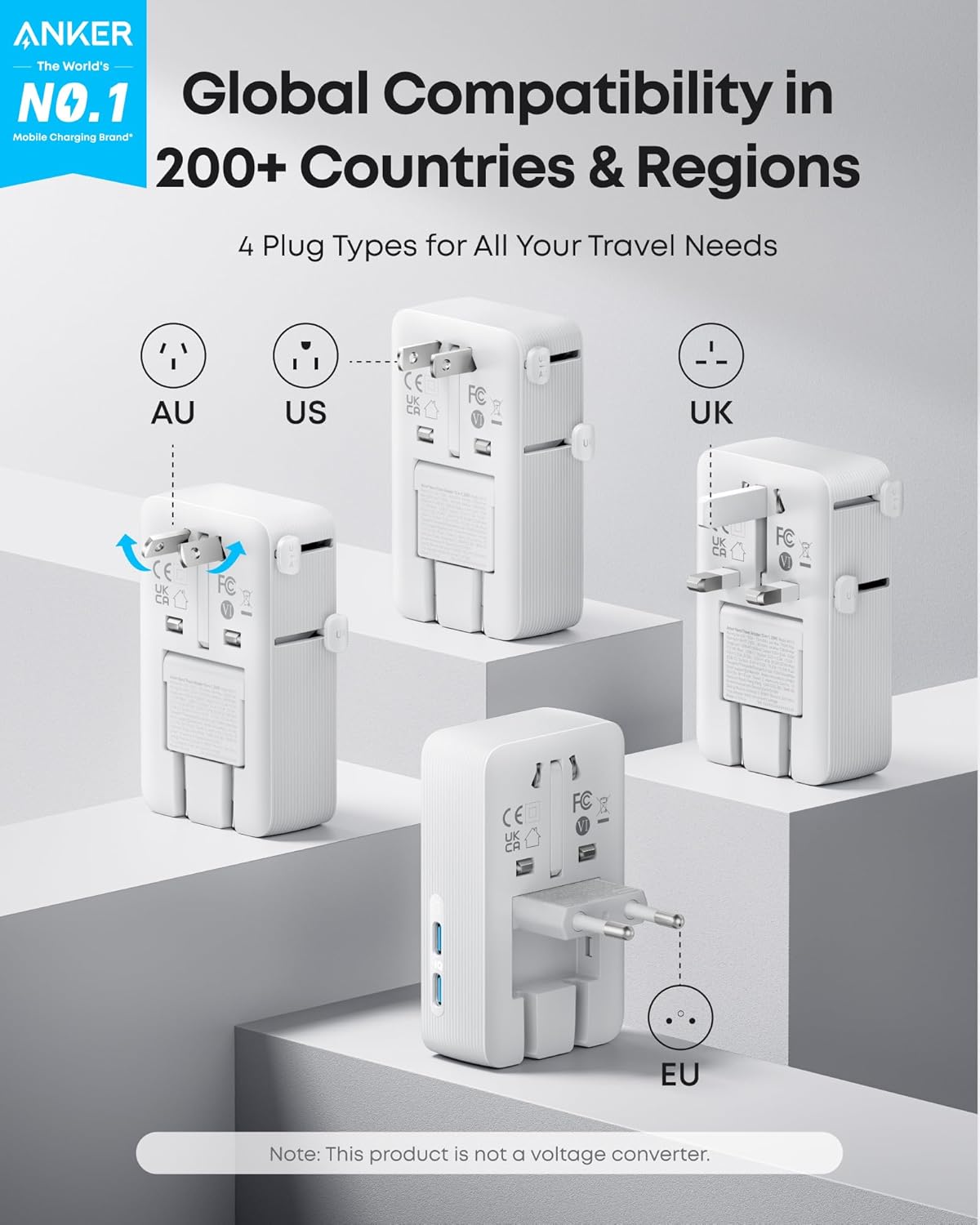 Anker Nano Travel Adapter, 5-Port Power Adapter with 1 AC, 2 USB-A, and 2 USB-C Ports, Smart Temperature Control, Compatible with Over 200 Countries, Ideal for Travel (1-Pack) (White)