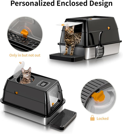 Eosarcu Stainless Steel Cat Litter Box with Lid, XL Large Enclosed Upgraded Litter Box with Removable Lid, Carbon Filters -Odor Free, Easy Cleaning, Anti-Urine Leakage for Big Cats/Multiples-Grey