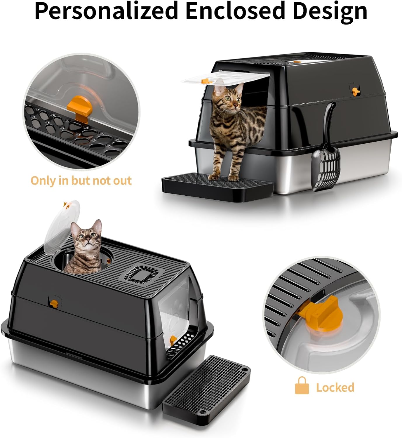 Eosarcu Stainless Steel Cat Litter Box with Lid, 180° Flip-Top XL Extra Large Enclosed Litter Box, Covered Metal High Sided Litter Pan with Steps & Scoop, Easy Cleaning, Odor Control,Non-Sticky-Black