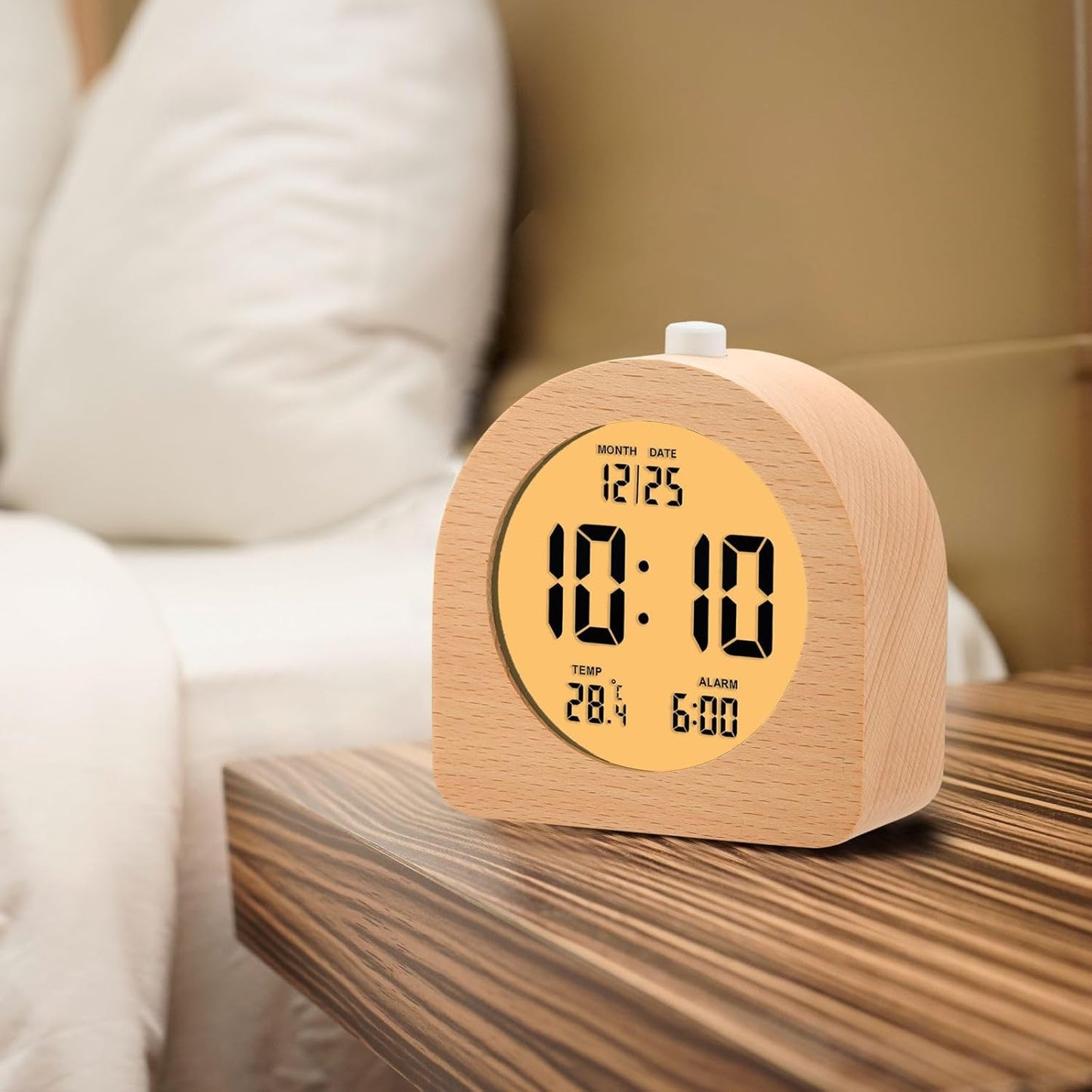 Plumeet Wooden Digital Alarm Clock for Bedrooms, Wood 4'' Battery Powered Alarm Clock with Snooze and Nightlight, Electronic LCD Desk Clock Display Time, Date, Temp, 12/24H, Wood Décor (Sapele, 3.2'')