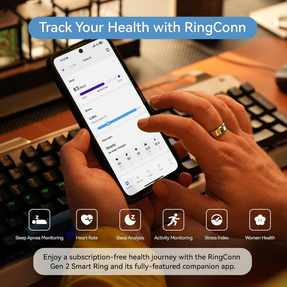 RingConn Gen 2 Smart Ring, No App Subscription, Size First with Sizing Kit, 12-Day Battery Life, Stress/Women's Health Tracker, Compatible with Android & iOS (Rose Gold, Size 7)