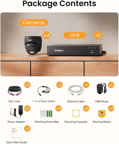 Anlapus 4K Home Security Camera System Outdoor Indoor, H.265+ 8CH CCTV DVR with AI Human Vehicle Detection, 4 x Wired Surveillance Dome Camera, 80ft Night Vision, Audio Recording, Remote Access