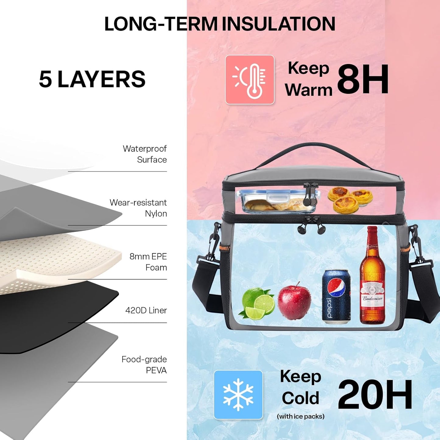 EVERFUN Cooler Bag Insulated Beach Cooler Lunch Bag Box for Men Women Dual Compartments Collapsible Waterproof Leak-Proof for Travel Work Picnic