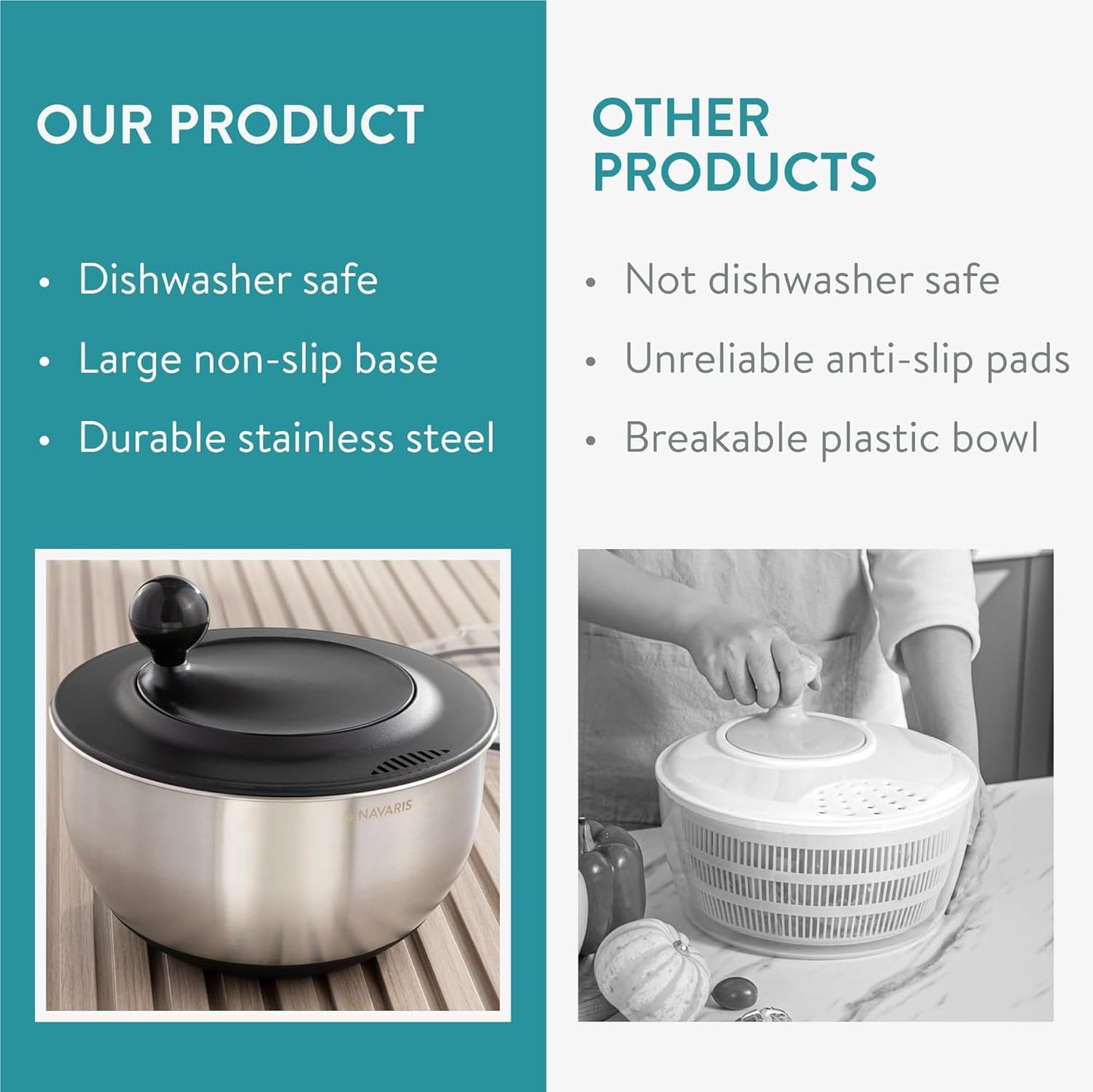 Navaris Salad Spinner with Lid - Salad Spinner Stainless Steel - Salad Dryer - Easy Washing, Drying and Spinning - Includes Grating and Slicing Discs