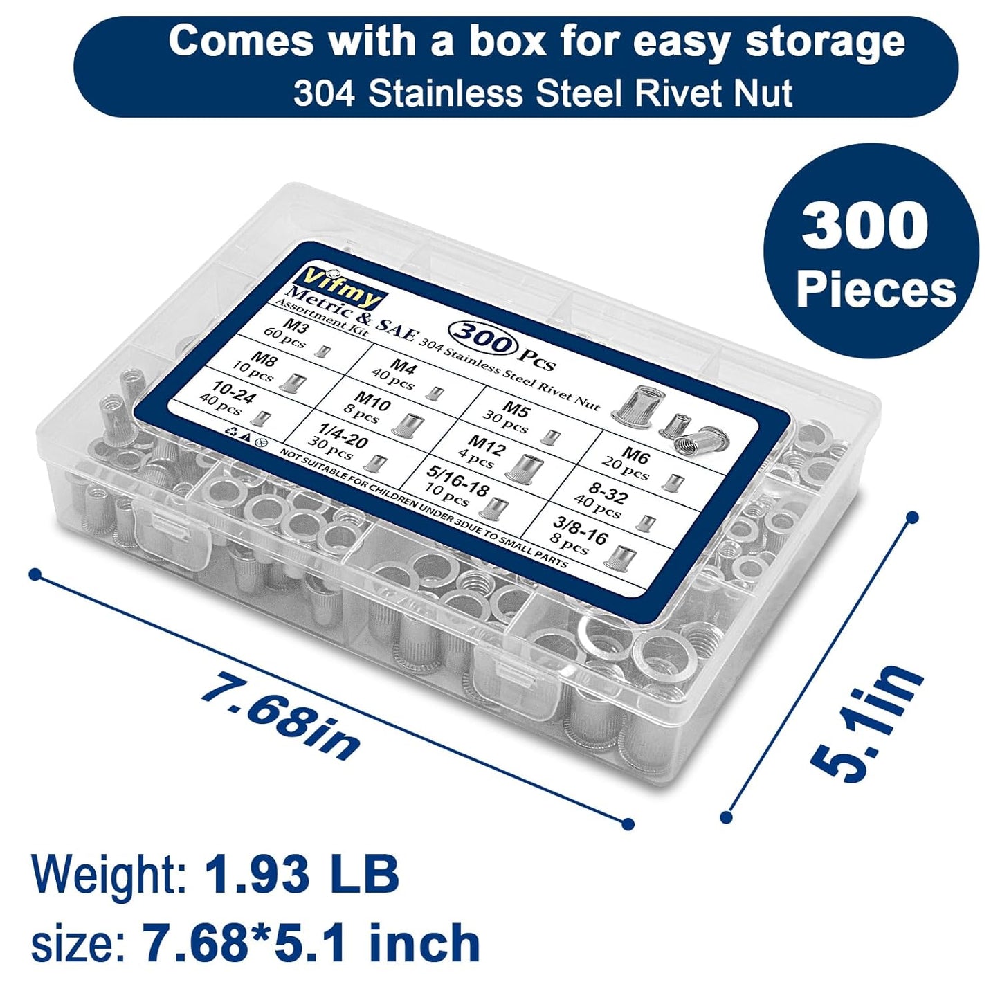 Vifmy Metric & SAE Rivet Nut Assortment Kit(420 Pcs),m3 m4 m5 m6 m8 m10 m12#6-32#8-32#10-24 1/4"-20 5/16"-18 3/8"-16 UNC Flat Head Rivnut Set,Zinc Plated Finish Carbon Steel Nutsert