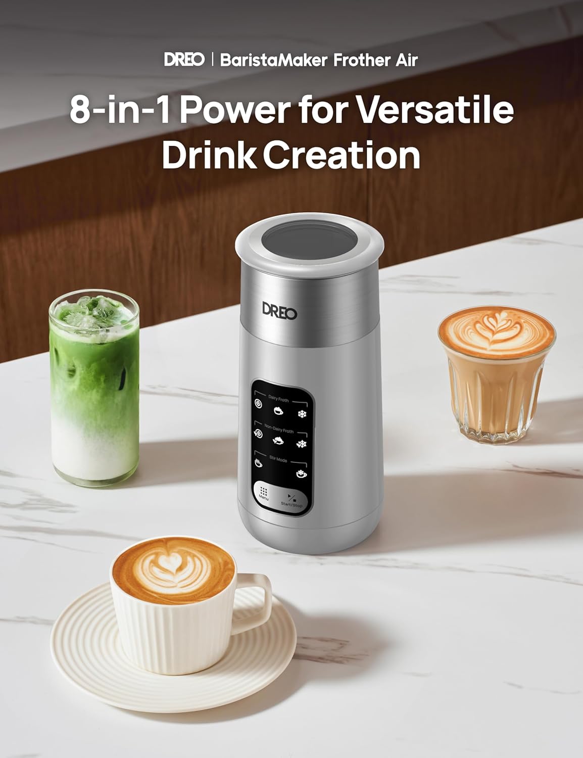 Dreo Milk Frother, 8-in-1 Electric Frother for Latte Art Coffee, 9oz/270ml Warm and Cold Foam Automatic Frothers for Dairy and Non-Dairy Milk, LED, Easy to Clean, BaristaMaker Air