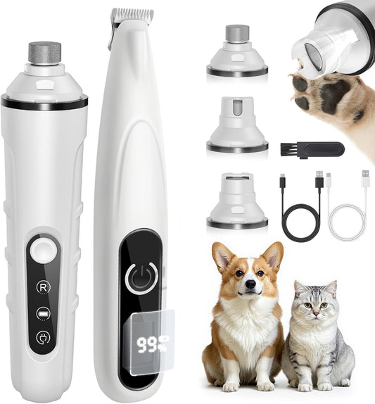 PAPMINI 2 in 1 Dog Nail Grinder Quiet and Dog Paw Trimmer, Rechargeable Electric Dog Nail Trimmer for Large Medium Small Dogs, Cordless Dog Hair Clippers for Paws, Ears, Eyes, Rump (White)