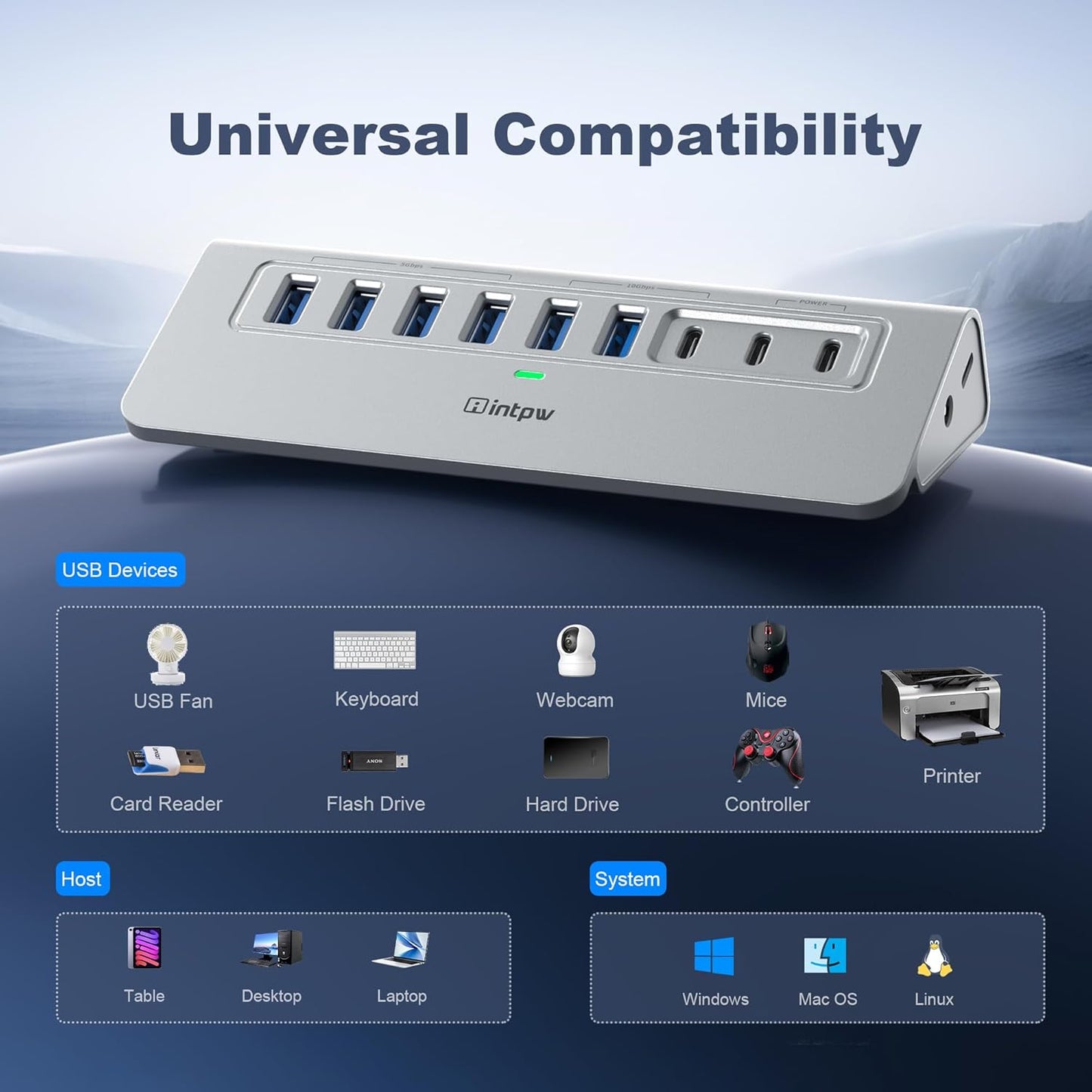 Powered USB Hub, Intpw 9-Port USB 3.2/USB C Hub with 10Gbps, 5*USB 3.0 + 45W PD Charging Ports, 3.3FT Cable and 65W Power Adapter, Aluminum USB Extender Hub for iphone16/ipad/Macbook/Laptop,PC