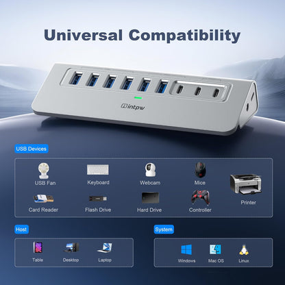 Powered USB Hub, Intpw 9-Port USB 3.2/USB C Hub with 10Gbps, 5*USB 3.0 + 45W PD Charging Ports, 3.3FT Cable and 65W Power Adapter, Aluminum USB Extender Hub for iphone16/ipad/Macbook/Laptop,PC