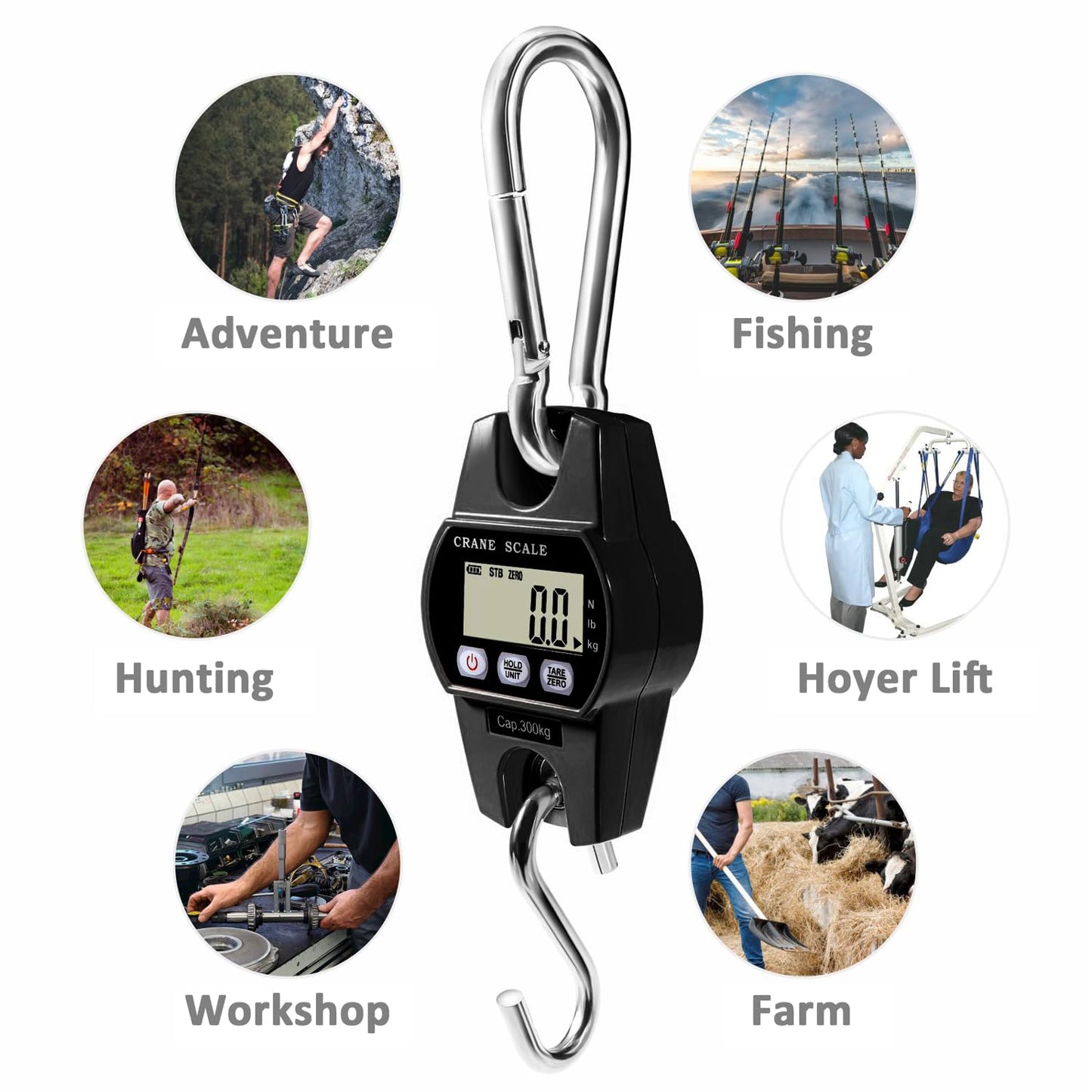GRAM PRES Digital Hanging Scale 660 Lb 300 Kg Hanging Digital Scale, Handheld Mini Crane Scale with Hooks for Farm Hunting Fishing Outdoor