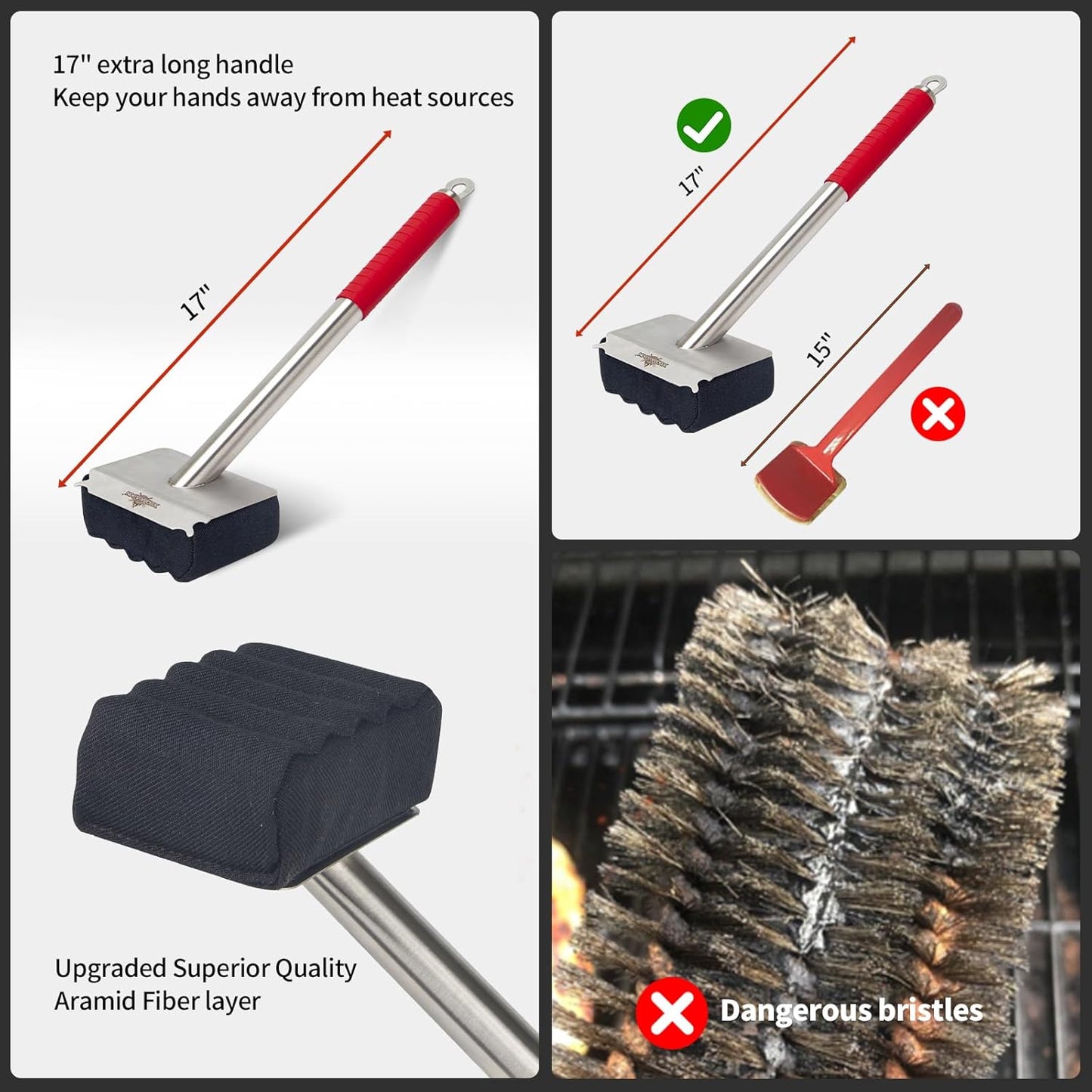 XUDAKAIXIN Grill Brush Bristle Free,Aramid Fiber Wavy Pad Seamless-Fit Cast Iron/Stainless-Steel Grates,BBQ Replaceable Scraper Cleaning Head,Safe Grill Cleaner for Outdoor Grill,Gifts for Men/Dad