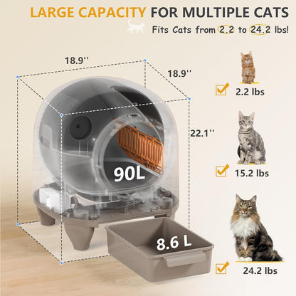 VICTONE Self Cleaning Cat Litter Box with App Control Support Safety Protection, 90L Automatic Cat Litter Box for Multiple Cats with A Complimentary Garbage Bag (Brown)