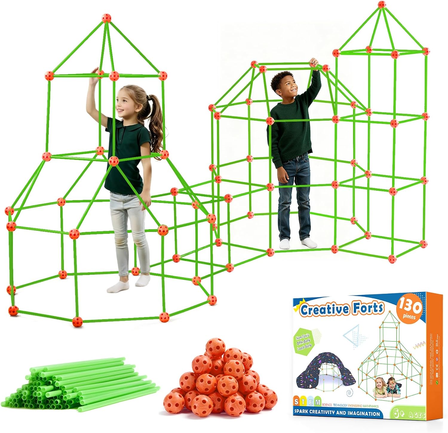 130-Piece Kids Fort Building Kit – STEM Construction Toy for Creative Play, DIY Castles, Tents, and Towers for Ages 5–8 - PuriLite