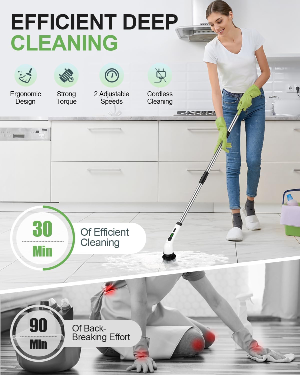 Electric Spin Scrubber, Cordless Kitchen Brushes, Bathroom Shower Cleaner with 9 Brush Heads, 2H Power Dual Speed, Adjustable Extension Handle, IPX7 Waterproof for Cleaning Brush
