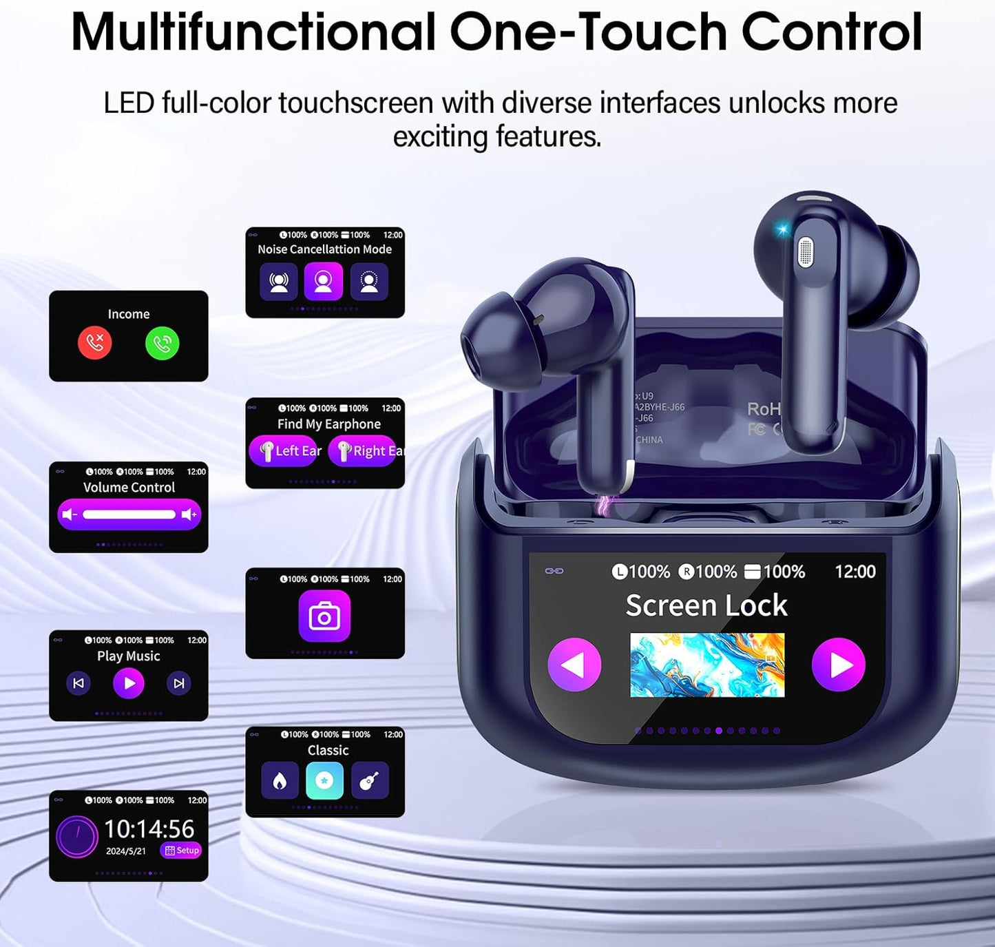 Wireless Earbuds, Bluetooth 5.4 Ear Buds with Multifunctional Touch Screen, 48H HiFi Stereo Headphones, ANC/ENC Noise Cancelling Mic, IPX7 Bluetooth Earbuds with 5 EQ Modes, in Ear Earphones, Black