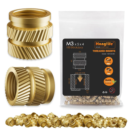 HANGLIFE Heat-Set Threaded Inserts, M3 Heat Set Insert for 3D Printing Components and Plastic Parts - Brass Metric Knurled Nuts (100 Pieces)