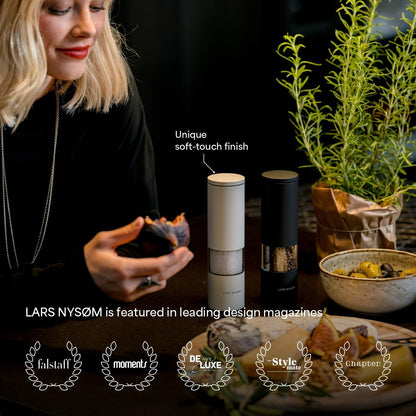 LARS NYSØM Salt and Pepper Mills Set Stainless Steel with Adjustable Ceramic Grinder 2 Pieces I Design Spice Mills Set Manual (Mustard Yellow)