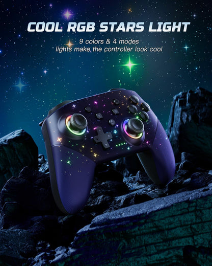 Voyee Switch Controller, LED Star Wireless Pro Controllers Compatible with Switch 2/Lite/OLED, Multi-Platform Windows PC with 9 Colors RGB Lights/Programmabele/Vibration/Turbo/Wakeup - PuriLite