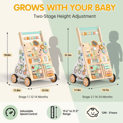 Weilim Wooden Baby Walker, 10-in-1 Montessori Push Walker for Toddlers 1+ Activity Center with Xylophone, Shape Sorter, Gears | Adjustable Speed & Height | Natural Wood Learning Walking Toy