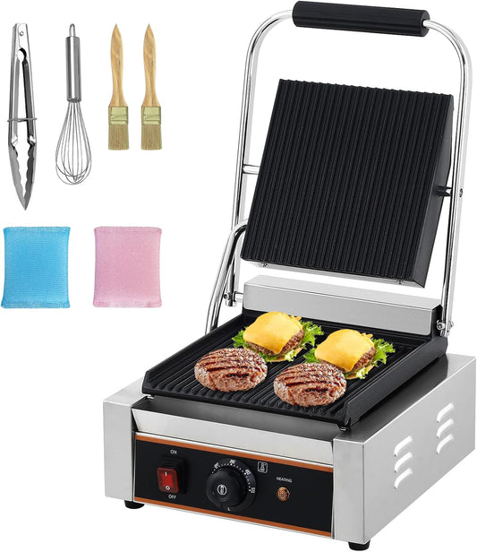 1800W Commercial Panini Press Grill - Stainless Steel Sandwich Maker - 9"x9" Full Grooved Surface - 6 Temp Settings - Ideal for Burgers, Steaks, Cafés - 110V, American Plug - Size: 6-Level