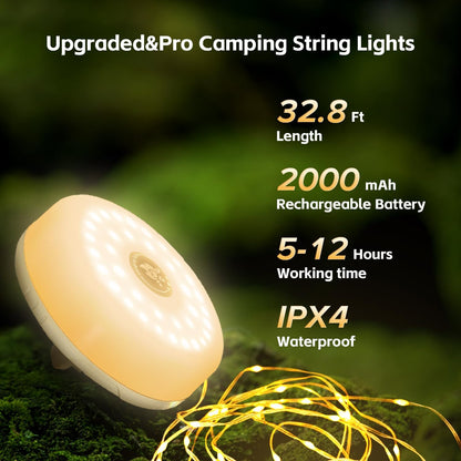 Camping String Lights, 32.8Ft Outdoor String Lights with 8 Lighting Modes,Quick 30s Recovery,Portable and Durable,12H Runtime-Rechargeable Camping Lights for Outdoor Yard Hiking