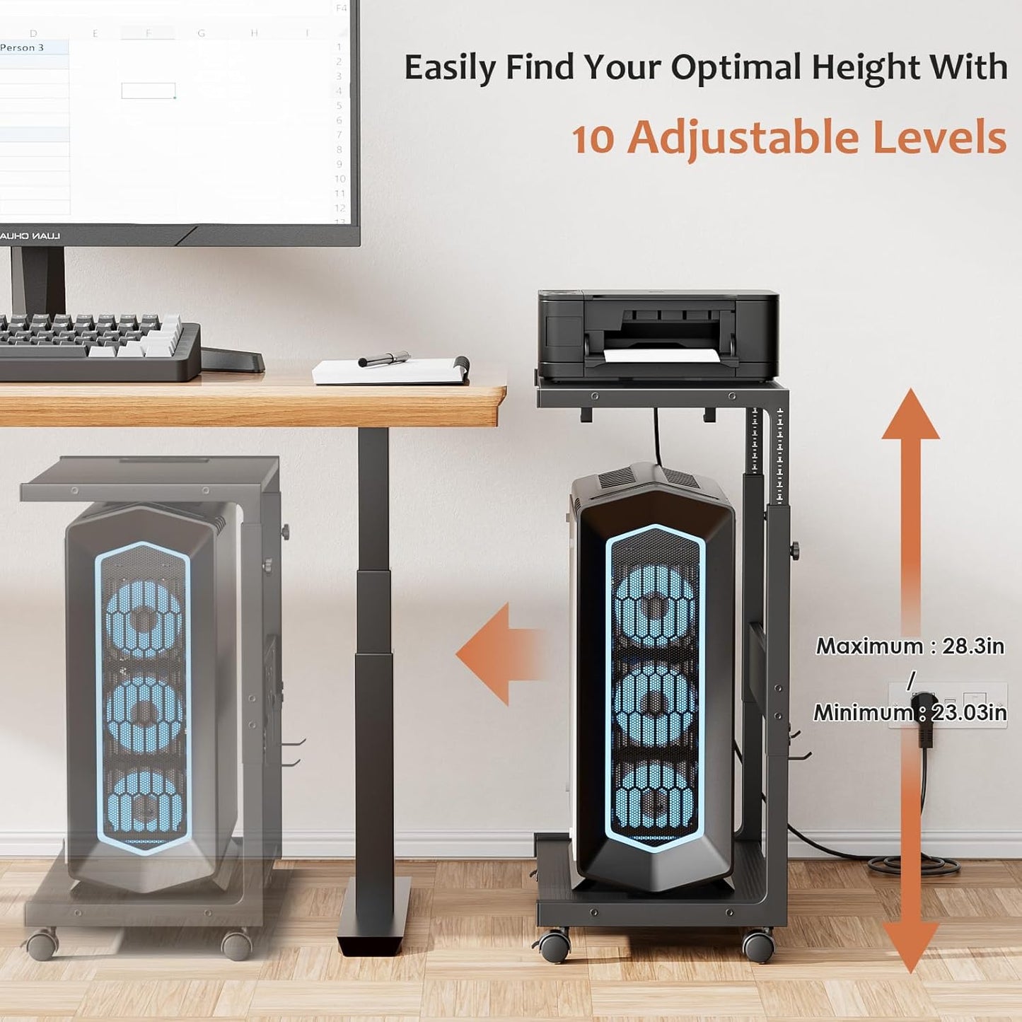 JANE EYRE - Adjustable Computer Tower Stand - CPU Stand with Charging Station for Office, Home, Classroom, 23-28.3 Inches Tall, Black