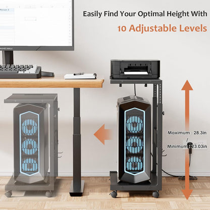 JANE EYRE - Adjustable Computer Tower Stand - CPU Stand with Charging Station for Office, Home, Classroom, 23-28.3 Inches Tall, Black