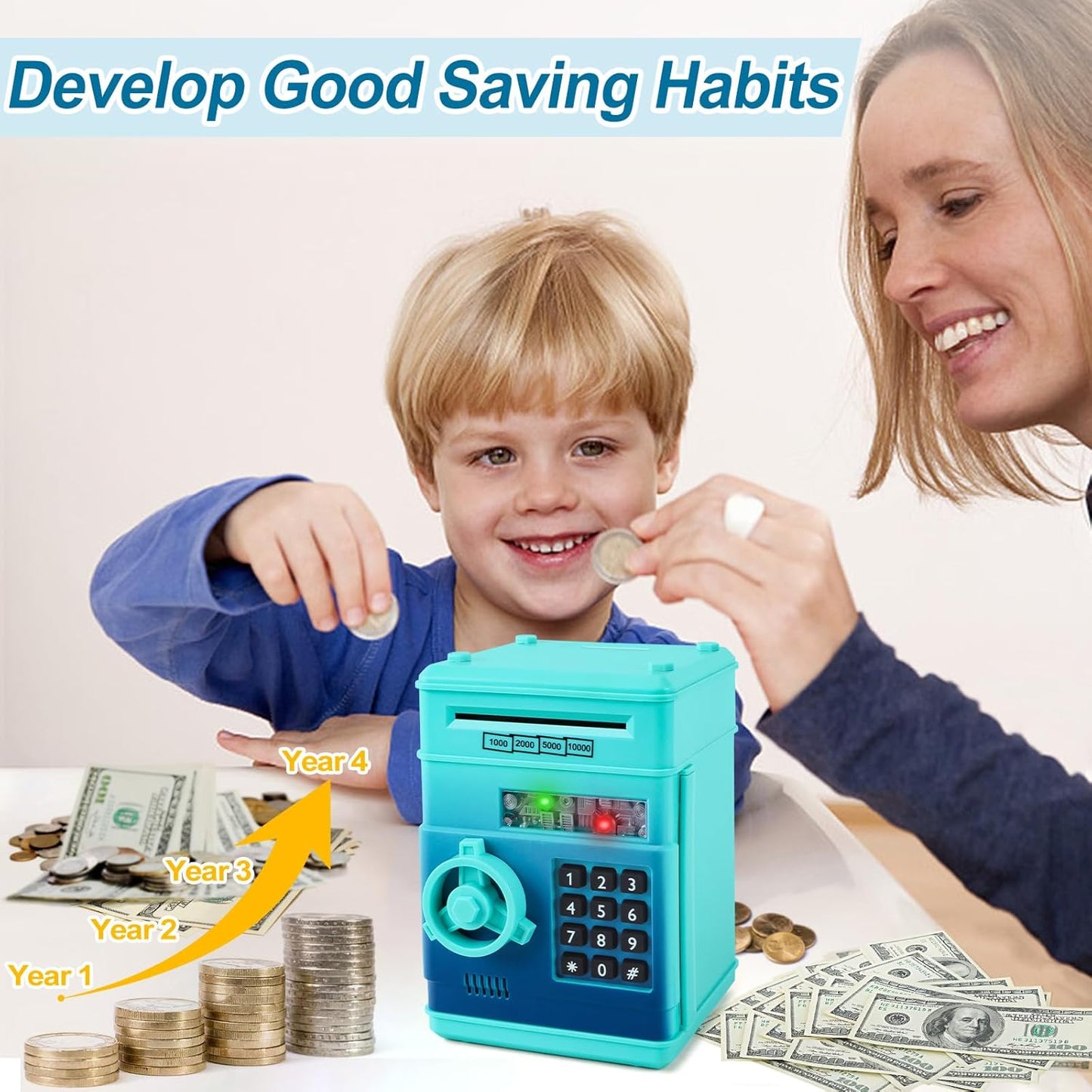 Refasy Boy Toys Age 6-8,Electronic Piggy Bank,Password Money Bank Toys for Kids,ATM Piggy Bank Money Saving Box,Birthday Xmas Gifts for Boys Girls(Blue Green)