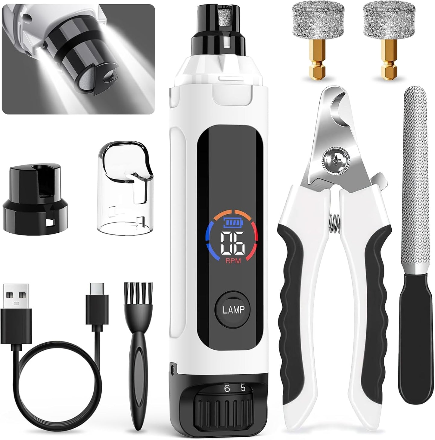 Dog Nail Grinder 6-Speed with LED Display, Dog & Cat Nail Clippers and Trimmers, Pet Nail Grinder with 2 LED Lights - Super Quiet Rechargeable Claw Trimmer for Large Medium Small Puppy Dogs/Cats