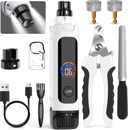 Dog Nail Grinder 6-Speed with LED Display, Dog & Cat Nail Clippers and Trimmers, Pet Nail Grinder with 2 LED Lights - Super Quiet Rechargeable Claw Trimmer for Large Medium Small Puppy Dogs/Cats