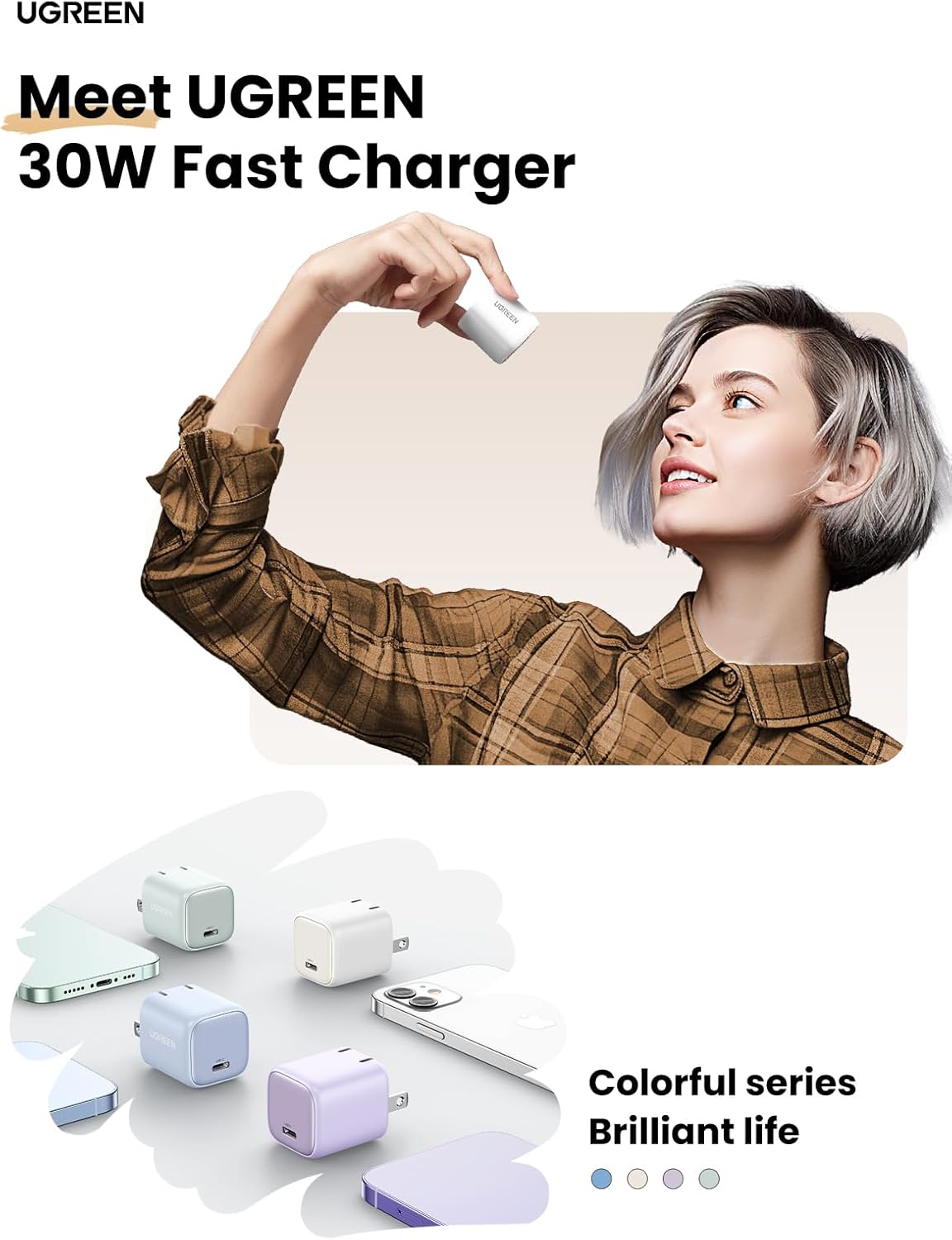 UGREEN USB C Charger Block 30W, Foldable Nexode Fast Charger GaN Fast Charging, USB C Wall Plug Compatible for iPhone16 Pro Max 15, Galaxy S24 Series, Pixel 8 Pro 7, MacBook Air, iPad, Black