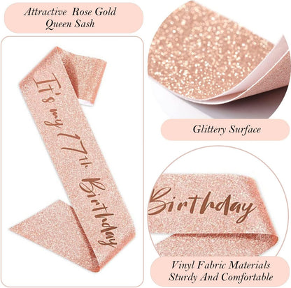 8pcs 40th Birthday Decorations gifts for Women, Including 40th Happy Birthday Cake Topper, Queen Sash with Pearl Pin, Sweet Rhinestone Tiara Crown for Women, Number Candles and Balloons (Rose Gold)