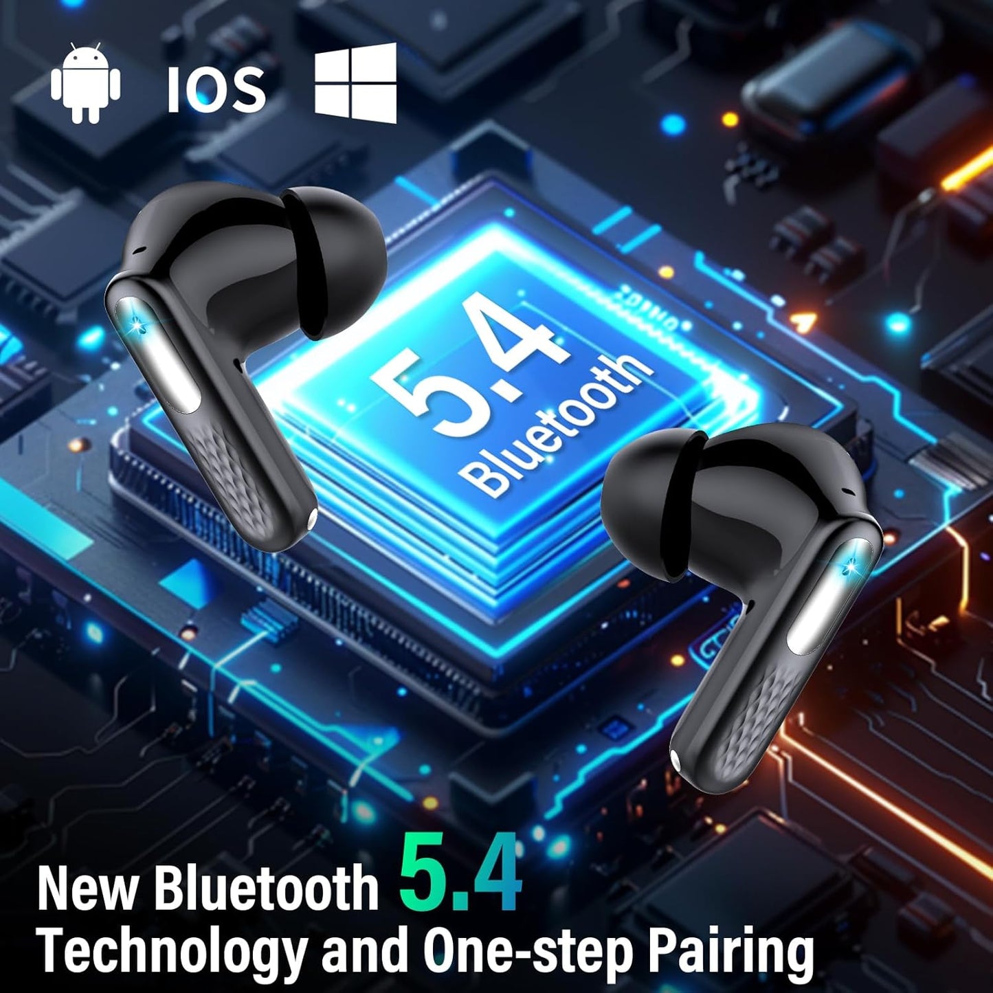 Wireless Earbuds, 2025 New Bluetooth 5.4 Ear Buds with Multifunctional Touch Screen, Bass Stereo Sound, ANC/ENC Noise-Canceling MIC, IPX7 Waterproof, 48H Bluetooth Earphones with 5 EQ Modes, Black