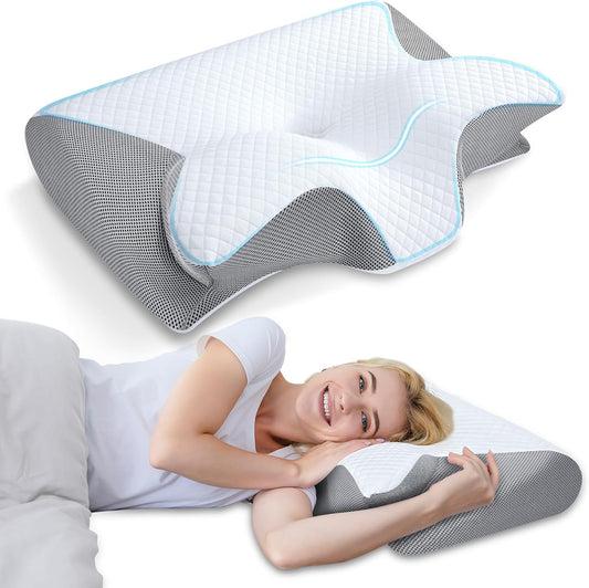 HOMCA Memory Foam Pillow, 2 in 1 Cervical Pillow for Neck Pain Relief, Ergonomic Neck Support Pillows for Side Back Stomach Sleepers with Breathable Pillowcase (Gray)