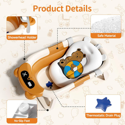 Kerbwry Baby Bathtub for Newborn to Toddler, Baby Bath Tub with Soft Towel and Floating Cushion, Baignoire Pour Bébé, Shower Essentials for Newborn (0-18 Months) Grey