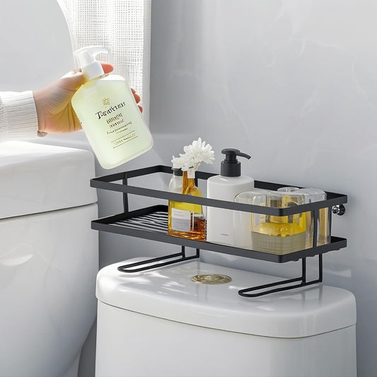 Over the Toilet Storage Shelf with Hooks, Punch-Free Bathroom Organizer Rack, Rust-Resistant Metal Space-Saving Shelf, Black - PuriLite