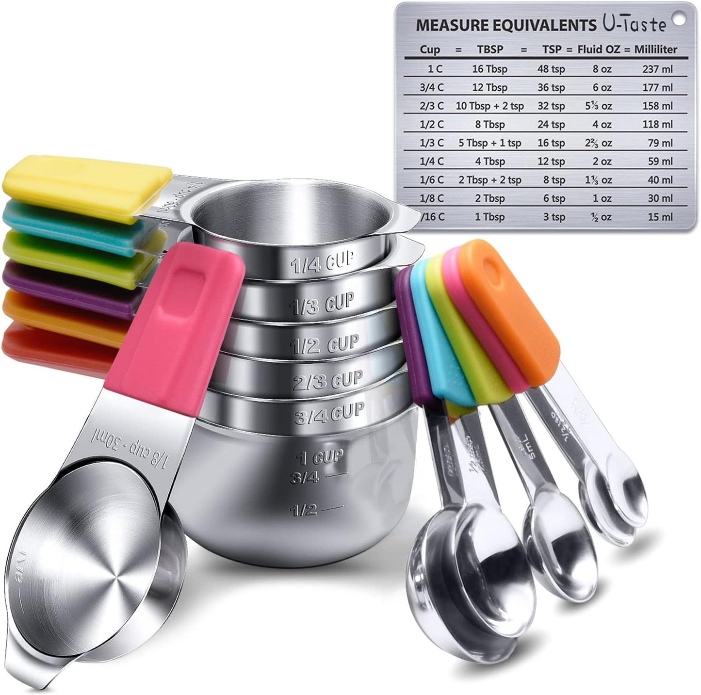 Measuring Cups, U-Taste Measuring Cups and Spoons Set of 15 in 18/8 Stainless Steel : 7 Measuring Cups and 7 Measuring Spoons with 2 D-Rings and 1 Professional Magnetic Measurement Conversion Chart