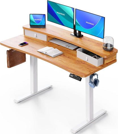HUANUO 60″ x 30″ Electric Standing Desk with 2 Drawers, C-Clamp Mount Compatible, Height Adjustable Computer Desk, Home Office Stand Up Desk with 4 Preset Heights & 2 Hooks, Vintage Brown