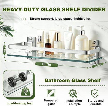 Bathroom Glass Shelf 15.7" Silver Wall-Mounted, Floating Metal Storage Rack | 3 Pack Aluminum Tempered Glass 0.3in Extra Thick Rectangular，Space-Saving Design