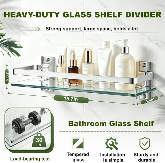 Bathroom Glass Shelf 15.7" Silver Wall-Mounted, Floating Metal Storage Rack | 3 Pack Aluminum Tempered Glass 0.3in Extra Thick Rectangular，Space-Saving Design
