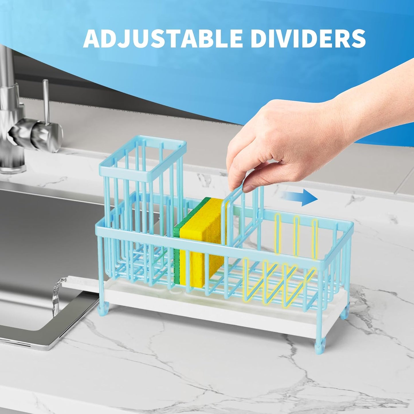 Cisily Sponge Holder for Kitchen Sink, Sink Caddy with High Brush Holder, Organzier Rustproof 304 Stainless Steel Dish Organizer Divider, Soap Dispenser Storage (Black)